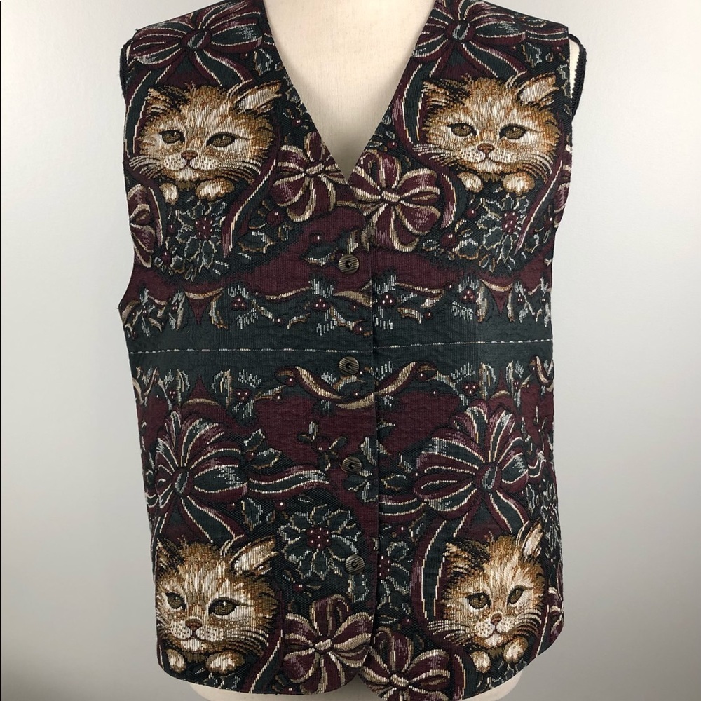 Vintage cottage core Christmas cat vest and pillow set Green and burgundy size L - Picture 2 of 11